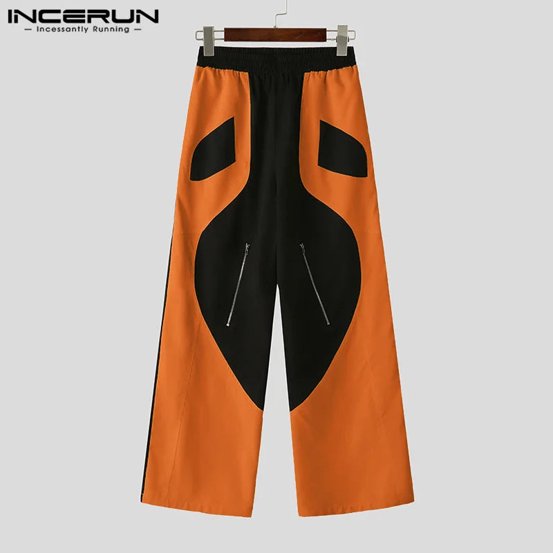 INCERUN Elastic Waist Pockets Zipper Design Loose Bottom Men Colorblock Fashion Pants 2024 Casual Simple American Style Trousers
