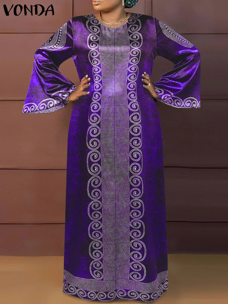Plus Size VONDA Women Elegant Maxi Long Dress 2024 Bohemian Printed Sundress Vintage Flare Long Sleeve Loose Robe Casual Vestido