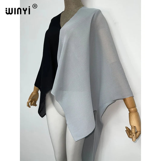 2022 WINYI Europe Sexy color matching Women crumple Design Loose boho robe Long Beach Cover up Summer Party Elegant Dress