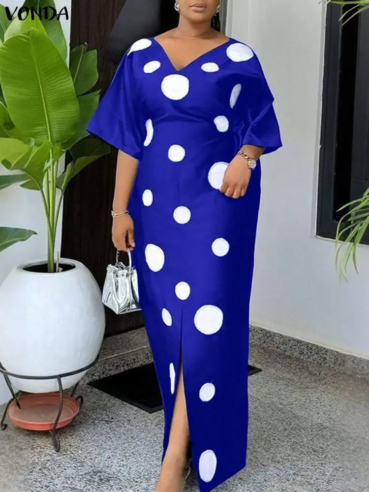 Plus Size 5XL Women Bohemian Long Dress Dot Printed Sundress 2025 VONDA Fashion Half Sleeve Robe Casual Loose Party Vestidos