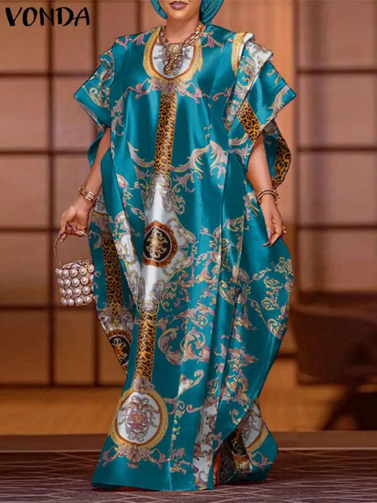 VONDA 2024 Elegant Satin Long Dress Fashion European Maxi Long Dress Sexy Printed Patchwork Bat-wing Sleeve Vestidos Ruffle Robe