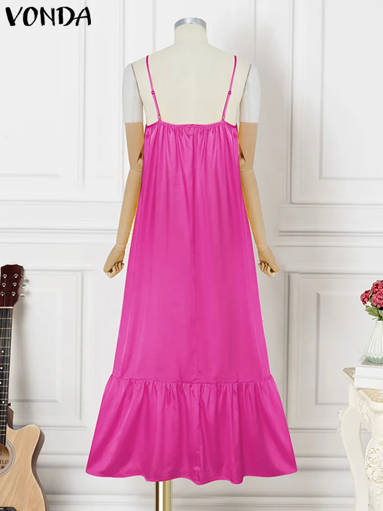 Plus Size Women's Summer Dress Spaghetti Strap Sexy Maxi Sundress 2025 Satin Party Beach Vestido Ruffled Robe 5XL