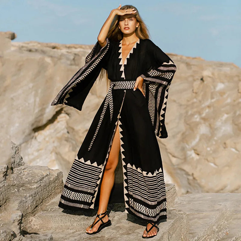 Para Praia Kimono Beach Robe Swimsuit Cover Ups Beachwear Long Flared Sleeve Dress Sarong Women Loose Cardigan Bikini Covers