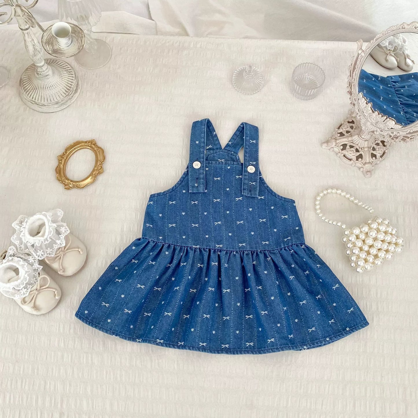 Spring and Autumn Baby Kids Girls Cherry Pattern Long Sleeves Beige Top and Denim Sleeveless Dress Clothing Set