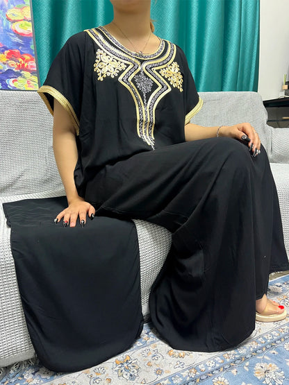 Abayas For Women 2024 Dubai New Pure Cotton Appliques Summer Loose Femme Robe Muslim Afreican Islam Dresses With Turban Hijabs