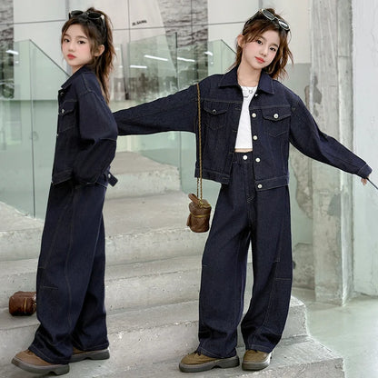 teen girls cowboy clothes set Design denim jacket+Wide leg jeans 2pcs junior kids pants suit child outfits vetement enfant fille