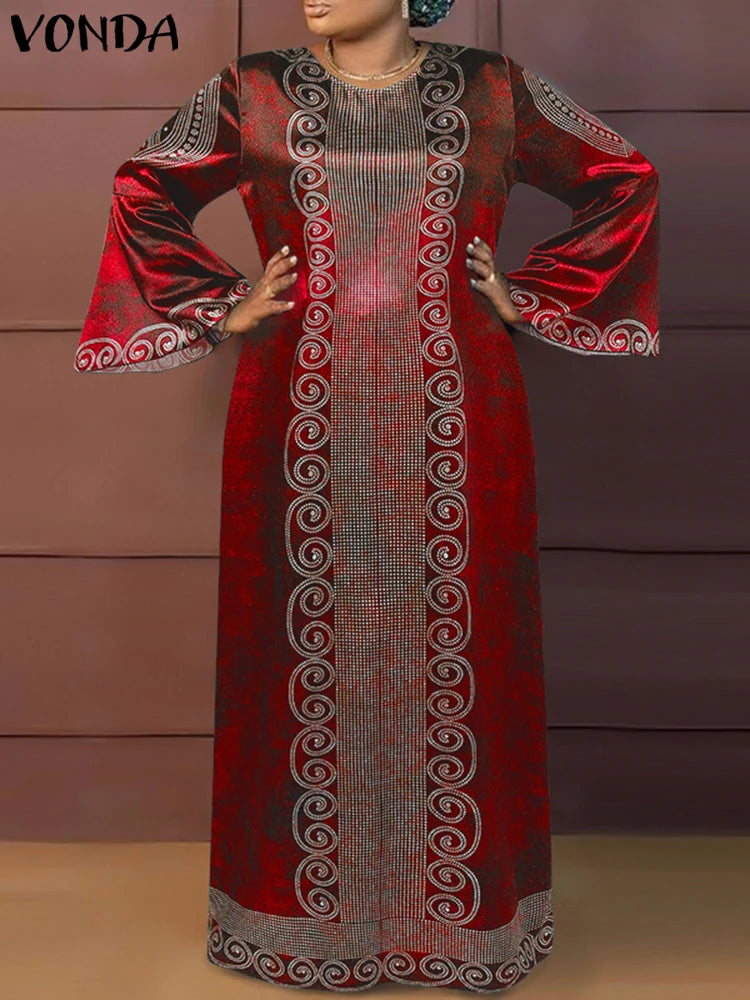 Plus Size VONDA Women Elegant Maxi Long Dress 2024 Bohemian Printed Sundress Vintage Flare Long Sleeve Loose Robe Casual Vestido