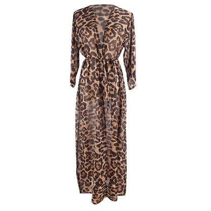 Womens Long Bikinis Cover-ups Beach Dress Summer Sexy Robe Beachwear Leopard-printing Tunic Top Swimwear Cover-Ups Dress