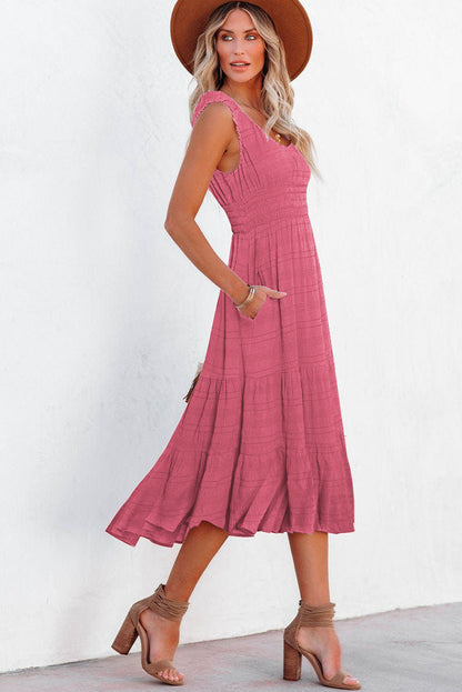 Rose Shirred Pleated Square Neck Sleeveless Midi Dress