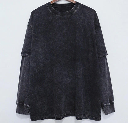 Long Sleeve Fake 2pc T-Shirt Retro Washed Street Style Dark Gray Crew Neck Pullover Tops Men's Spring Autumn Loose Fit Clothing
