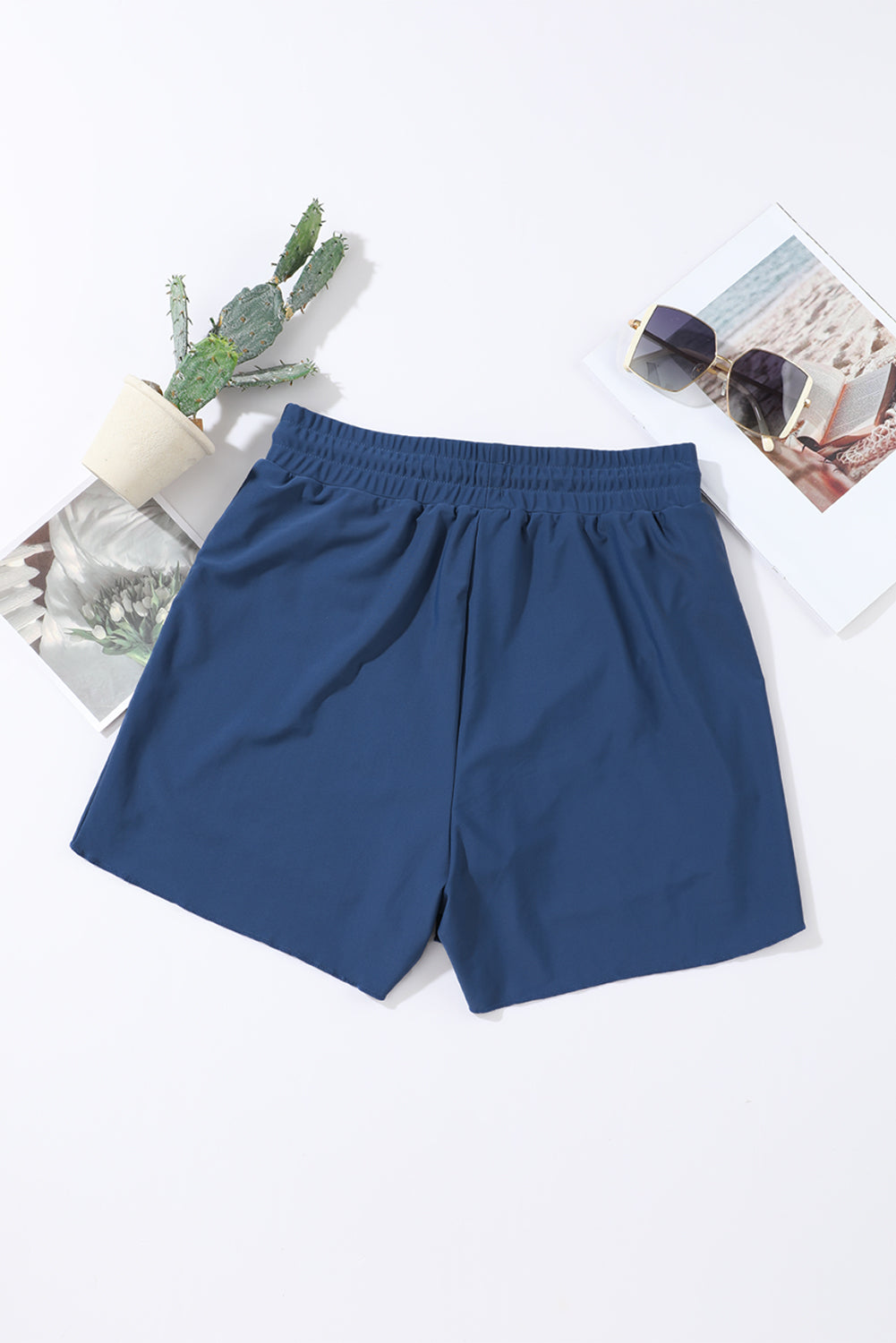 Blue Solid Color 2-in-1 Drawstring Elastic Waist Swim Shorts