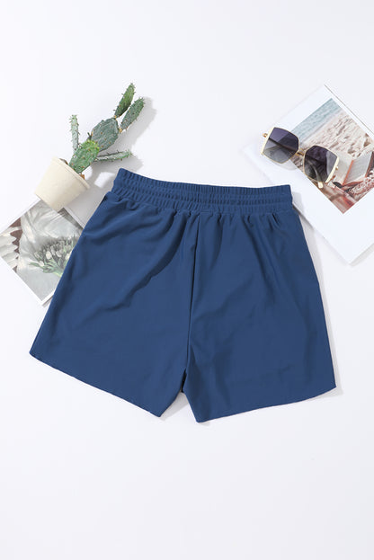 Blue Solid Color 2-in-1 Drawstring Elastic Waist Swim Shorts