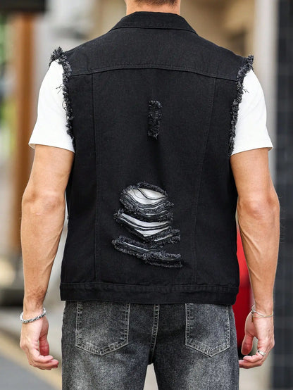 Men's Black Ripped Denim Vest for Spring, Sleeveless Design, a Must - Have for Street - style Trendsetters