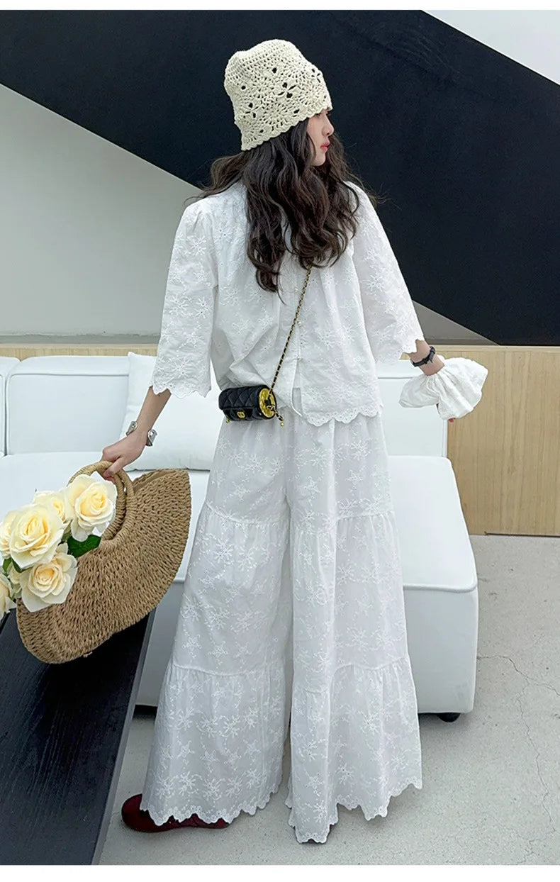 white teen girls clothes set Embroidered shirt+lace wide leg pants 2pcs chic junior kid suit child outfits vetement enfant fille