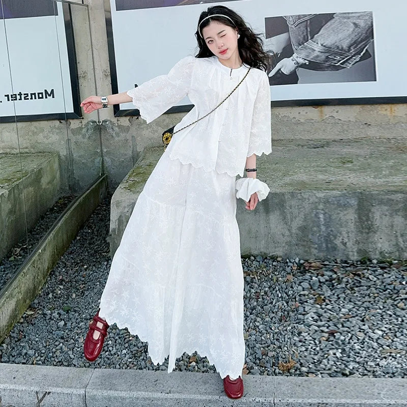 white teen girls clothes set Embroidered shirt+lace wide leg pants 2pcs chic junior kid suit child outfits vetement enfant fille