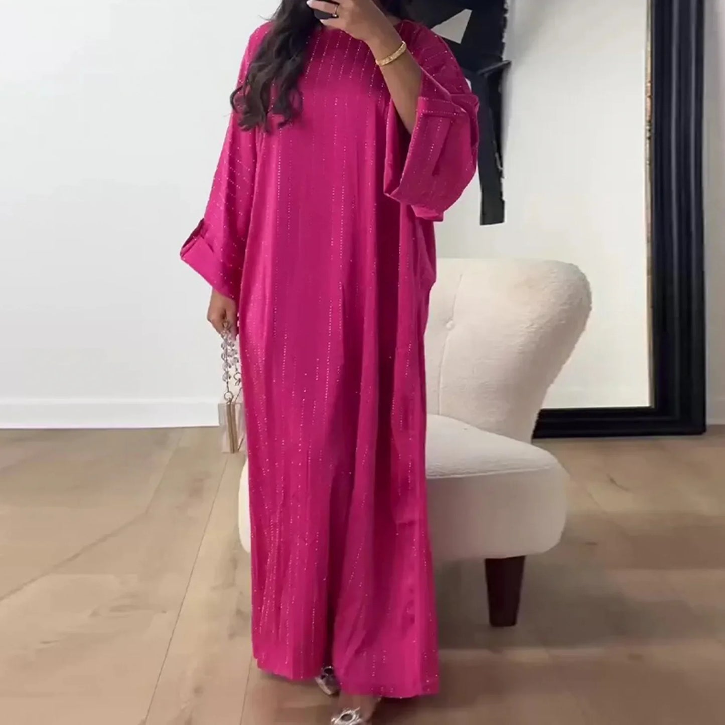 Dubai Spring/Summer Gathering Striped Dress, Women Simple O-neck Abaya Long Sleeve Dresses, Middle East Abaya Dress Islamic Robe