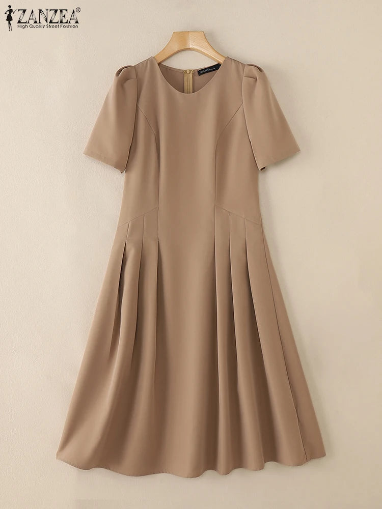 ZANZEA Women 2025 Fashion Robes Pleated Solid Color Streetwear O-Neck A-line Vestidos Short Puff Sleeve Elegant Midi Dresses