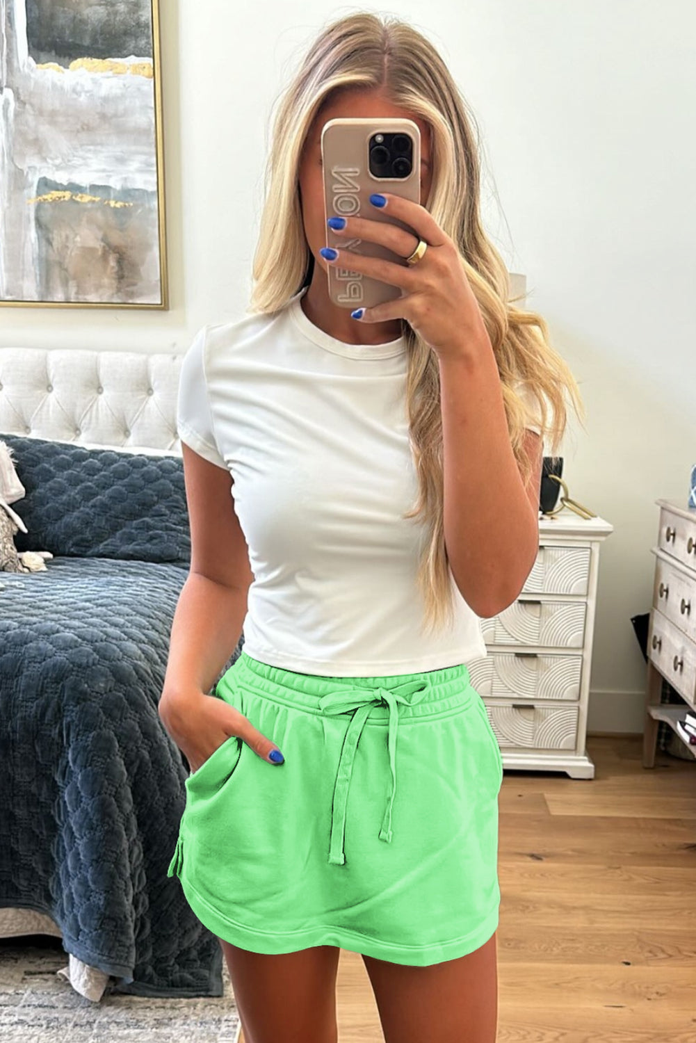 Light Grey French Terry Drawstring Mini Skort with Pockets