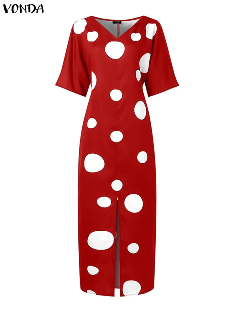 Plus Size 5XL Women Bohemian Long Dress Dot Printed Sundress 2025 VONDA Fashion Half Sleeve Robe Casual Loose Party Vestidos