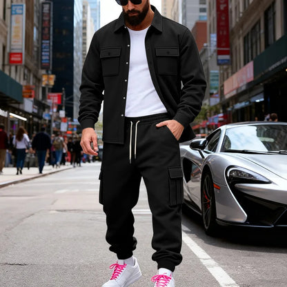 Cross-border winter heavy loose velvet men's outdoor tooling sweatpants thermal jacket two-piece set