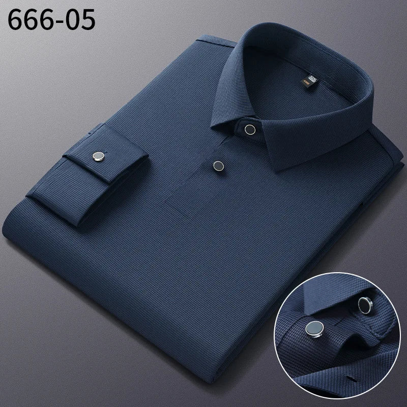 Personalized Seamless High Stretch Men's Polo Shirt Customized Long Sleeved Solid Color No Ironing High-end Vertical T-shirt