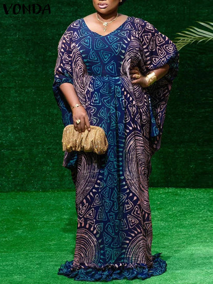 Plus Size 5XL VONDA Women Maxi Long Dress Bohemian Printed Sundress 2025 Vintage Bat-wing Sleeve Vestidos Casual Robe