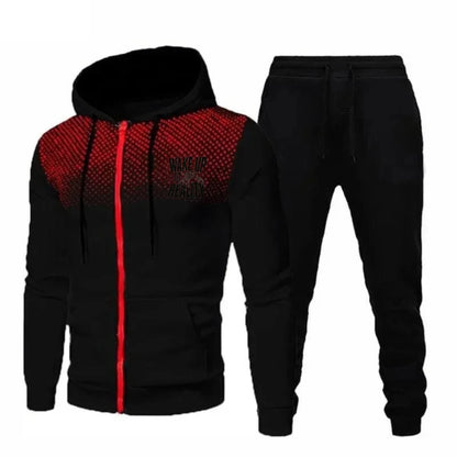 Men's Jacket Set Black Red Gradient Printed Wake Up Reality Text Hoodie Zipper Sweatshirt for Casual Outdoor Sport Wear