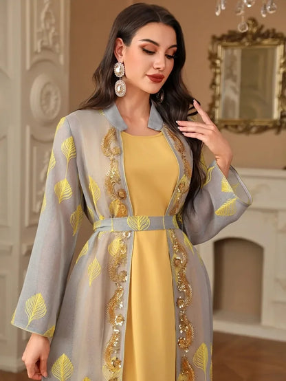 Eid Muslim Abayas for Women Party 2 Piece Set Embroidery Cardigan Robe Lace Up Dress Morocco Kaftan Islam Ramadan Dubai Dresses