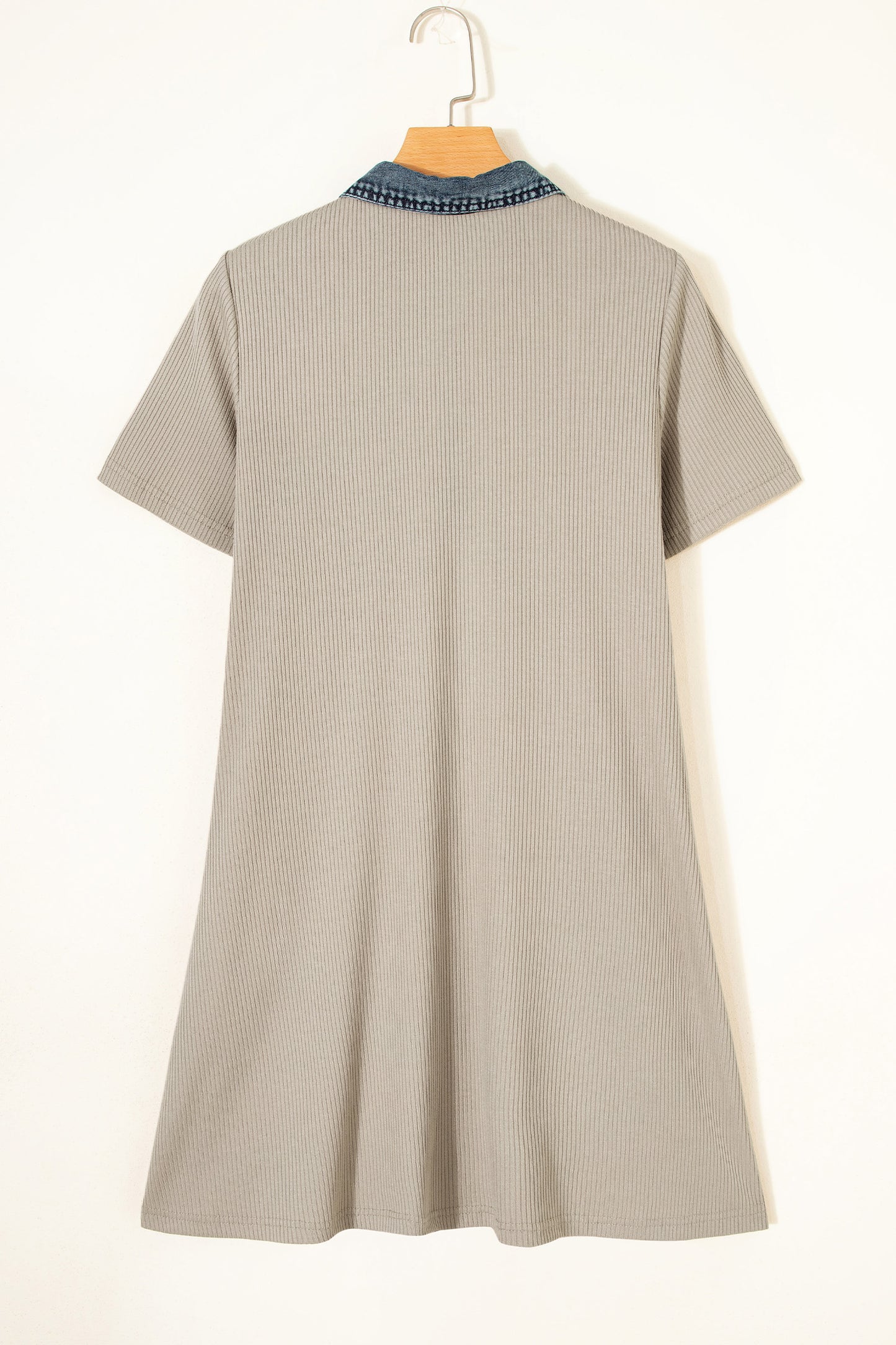 Beige Short Sleeve Ribbed Knit Denim Patchwork Polo Collar Dress