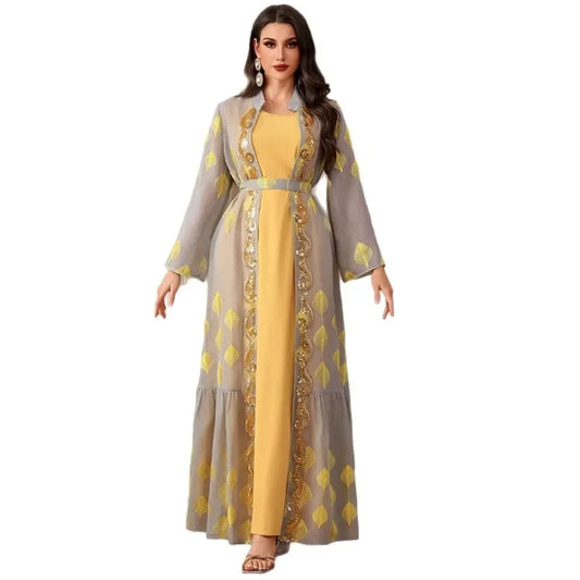 Eid Muslim Abayas for Women Party 2 Piece Set Embroidery Cardigan Robe Lace Up Dress Morocco Kaftan Islam Ramadan Dubai Dresses