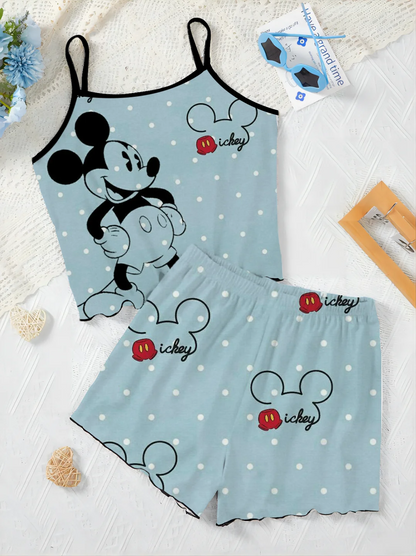 Ensemble T-shirt et Jupe de Pyjama Élégants pour Femme, Garniture en Laitue, Robe à Glisser, Haut Disney, Minnie Mouse, Pièces C
