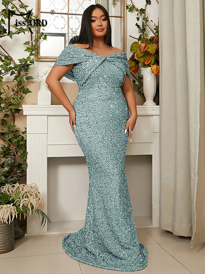 Missord Grey Sequin Plus Size Evening Dress Elegant Women Off Shoulder Bodycon Maxi Mermaid Party Prom Dresses Long Formal Gown