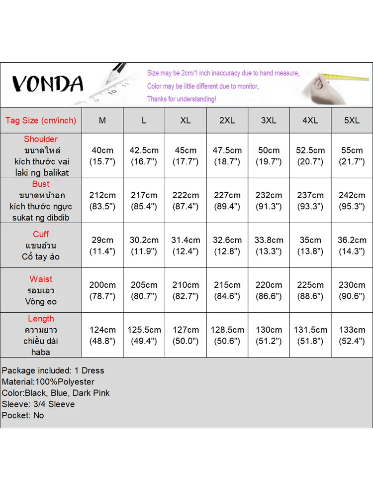 Plus Size VONDA Women Dot Printed Dress Bohemian Sundress 2025 Three Quarter Summer Party Vestidos Bat-wing Sleeve Casual Robe