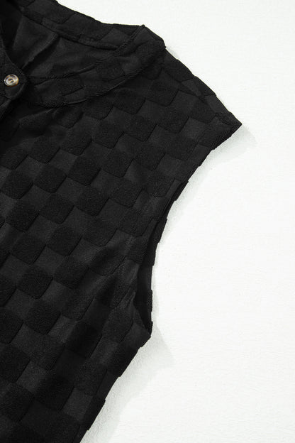 Black Half Buttons Sleeveless Wide Leg Textured Jumpsuit