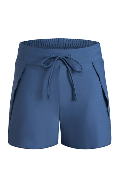 Blue Solid Color 2-in-1 Drawstring Elastic Waist Swim Shorts
