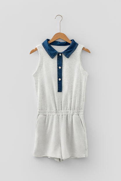Light Grey Denim Patchwork Polo Collar Elastic Waist Sleeveless Romper