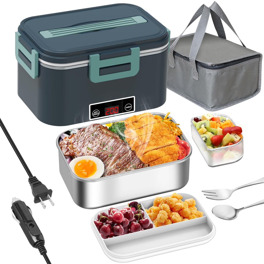 Boîte à lunch chauffante électrique pour adultes 80W avec affichage de température numérique 12V/24V/110V 1.8L en acier inoxydable et conteneur à fruits 1L PP, chauffe-plat portable pour voiture/travail
