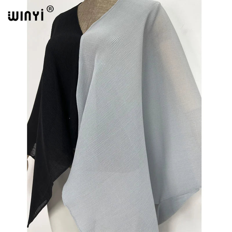 2022 WINYI Europe Sexy color matching Women crumple Design Loose boho robe Long Beach Cover up Summer Party Elegant Dress
