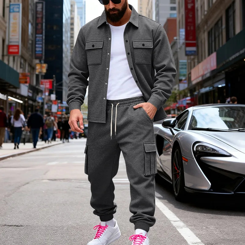 Cross-border winter heavy loose velvet men's outdoor tooling sweatpants thermal jacket two-piece set