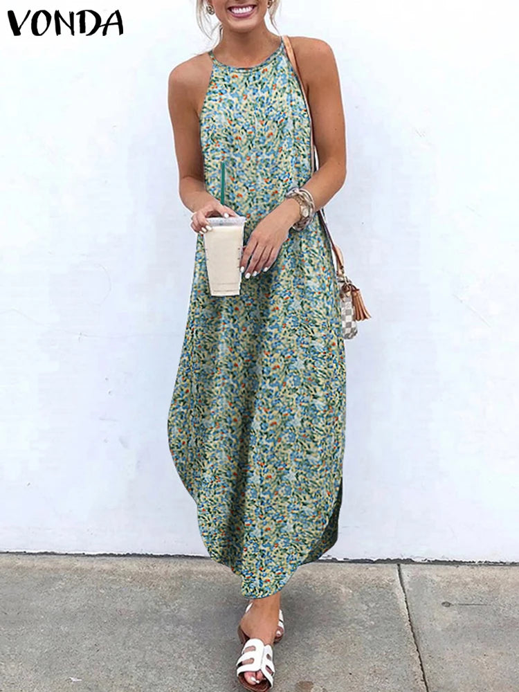 Plus Size 5XL VONDA Women Maxi Dress Summer 2025 Sexy Sleeveless Halter Long Dresses Asymmetrical Robe Printed Beach Sundress