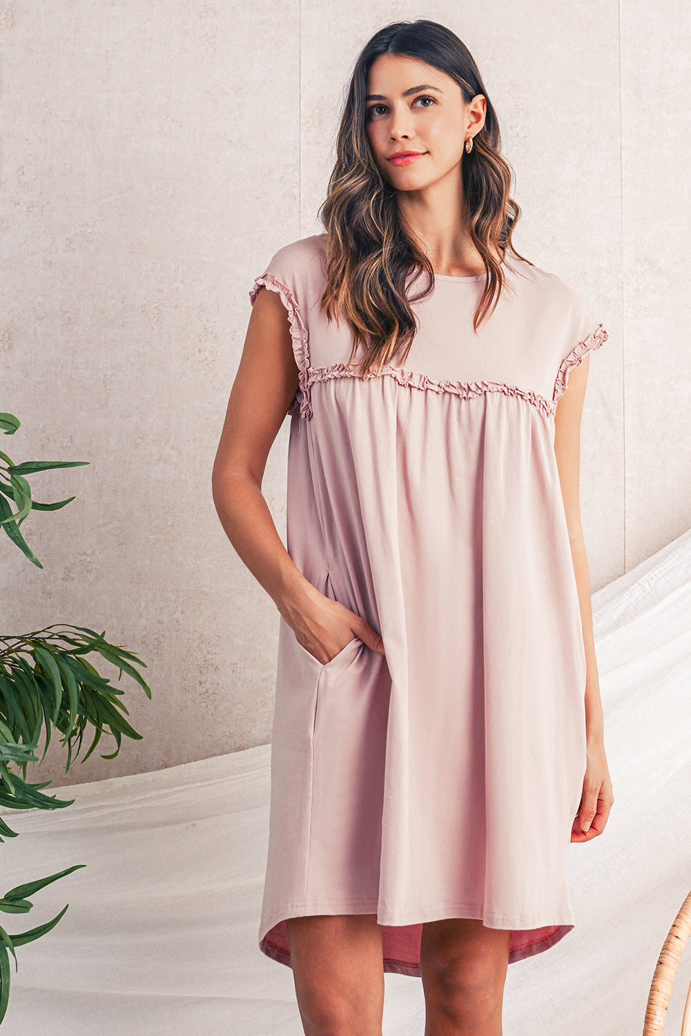 Oatmeal Frilled Trim Crewneck Loose Fit Mini Dress
