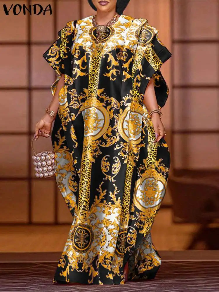 VONDA 2024 Elegant Satin Long Dress Fashion European Maxi Long Dress Sexy Printed Patchwork Bat-wing Sleeve Vestidos Ruffle Robe