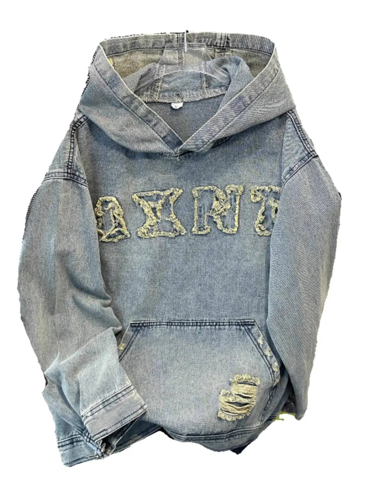Hip hop Embroidered Denim Jacket for Men Spring Autumn Washed Distressed Loose Hooded Sweatshirt Trendy Coat