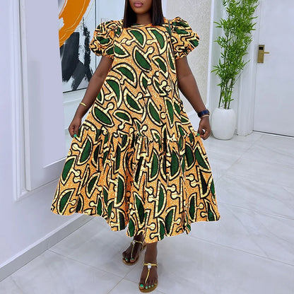 Plus Size Women Dress Vintage Print Sundress 2025 VONDA Puff Sleeve Casual Loose Vestidos Fashion Ruffled Midi Robe Femme