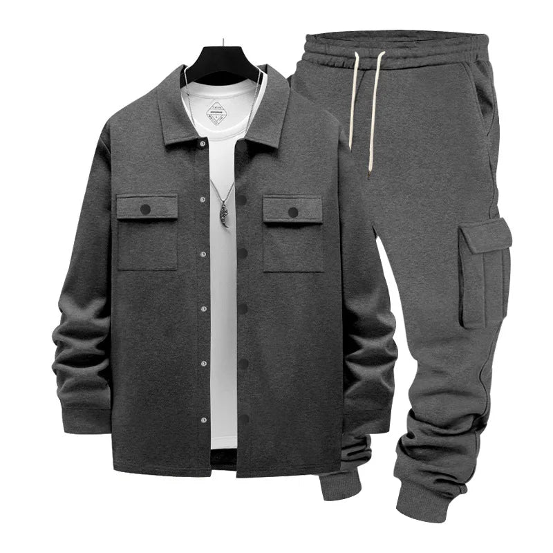 Cross-border winter heavy loose velvet men's outdoor tooling sweatpants thermal jacket two-piece set