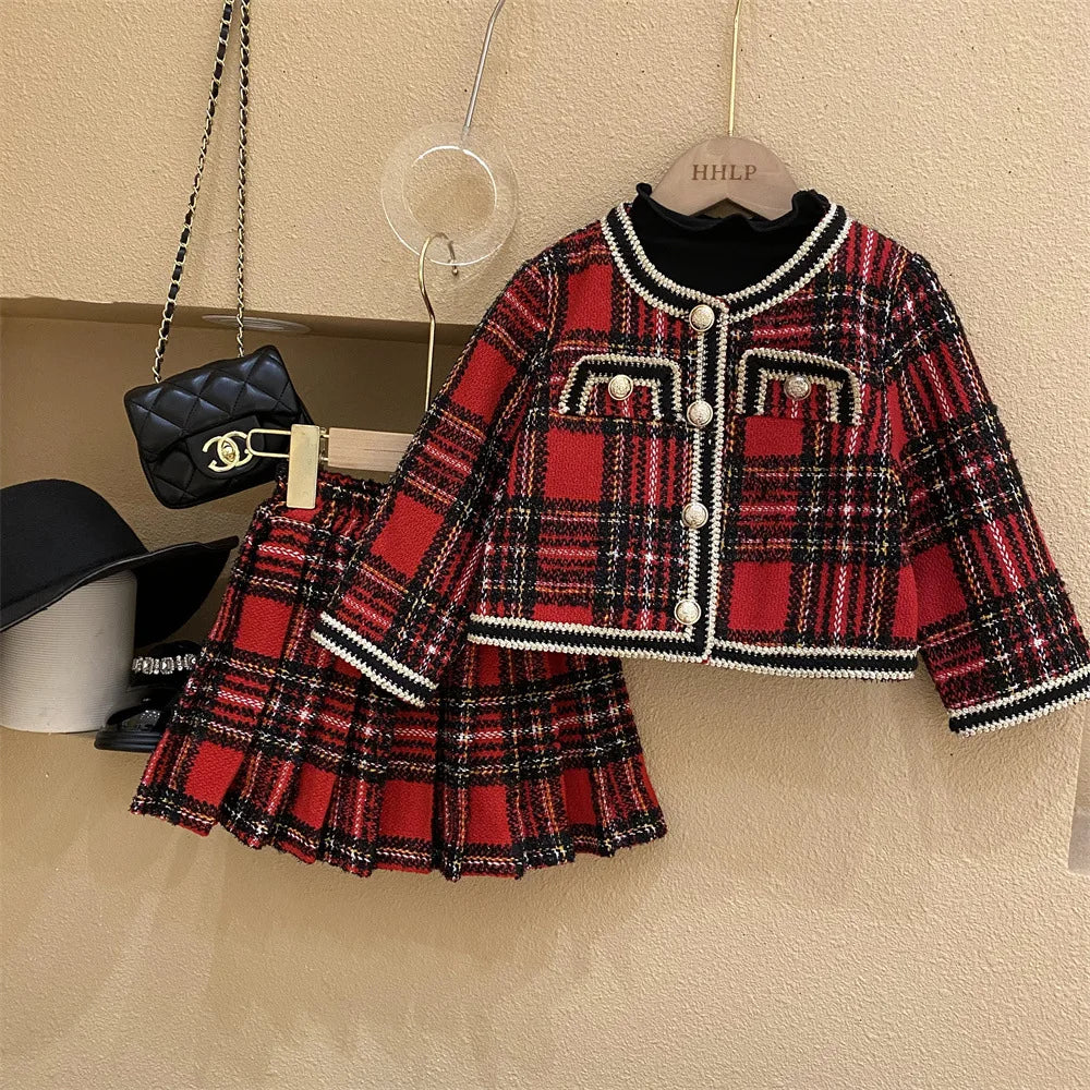 autumn baby girls clothes set Vintage jacket+pleated skirt 2pcs kids suit children Toddler clothing outfit vetement enfant fille