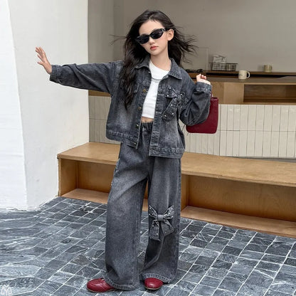 Teen Girls Bow Clothes Sets Denim Jacket+Wide Leg Jeans 2pcs Junior Kid Coat Pants Suit Child Outfits 4-14 vetement enfant fille