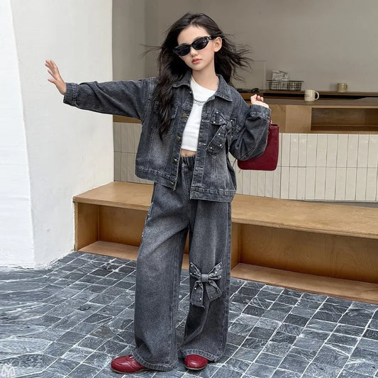 Teen Girls Bow Clothes Sets Denim Jacket+Wide Leg Jeans 2pcs Junior Kid Coat Pants Suit Child Outfits 4-14 vetement enfant fille