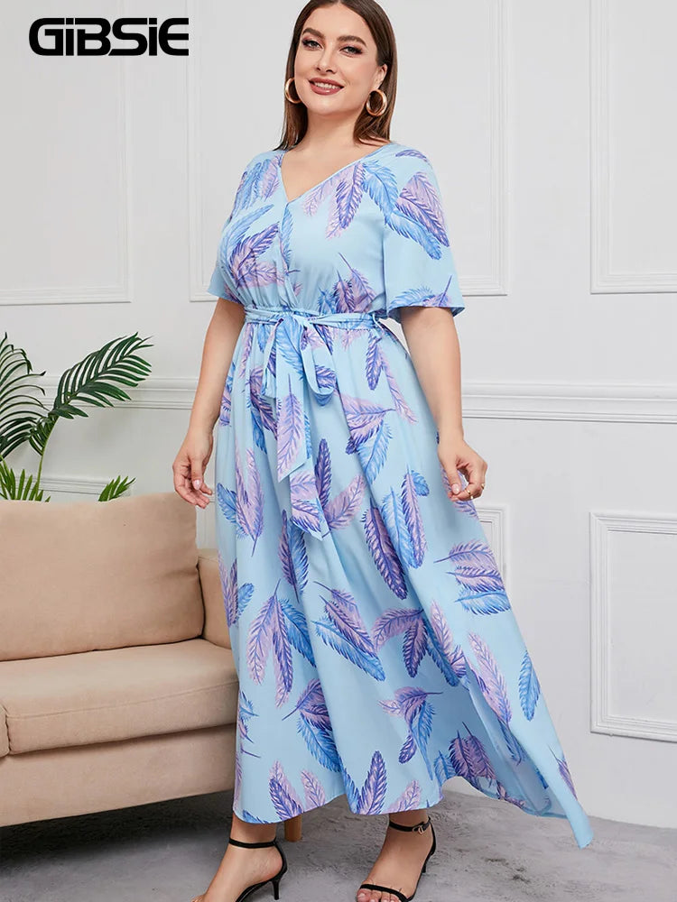 GIBSIE Plus Size V Neck Floral Print Boho Dress Women Summer Short Sleeve Maxi Dresses Holiday A-line Female Belted Dress