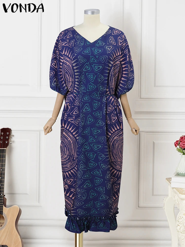 Plus Size 5XL VONDA Women Maxi Long Dress Bohemian Printed Sundress 2025 Vintage Bat-wing Sleeve Vestidos Casual Robe
